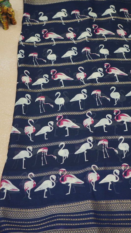 Shiffon Saree Flamingo Design - Navy Blue