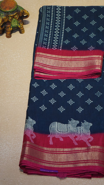 Shiffon Saree Cow Print Peacock Blue - Pink