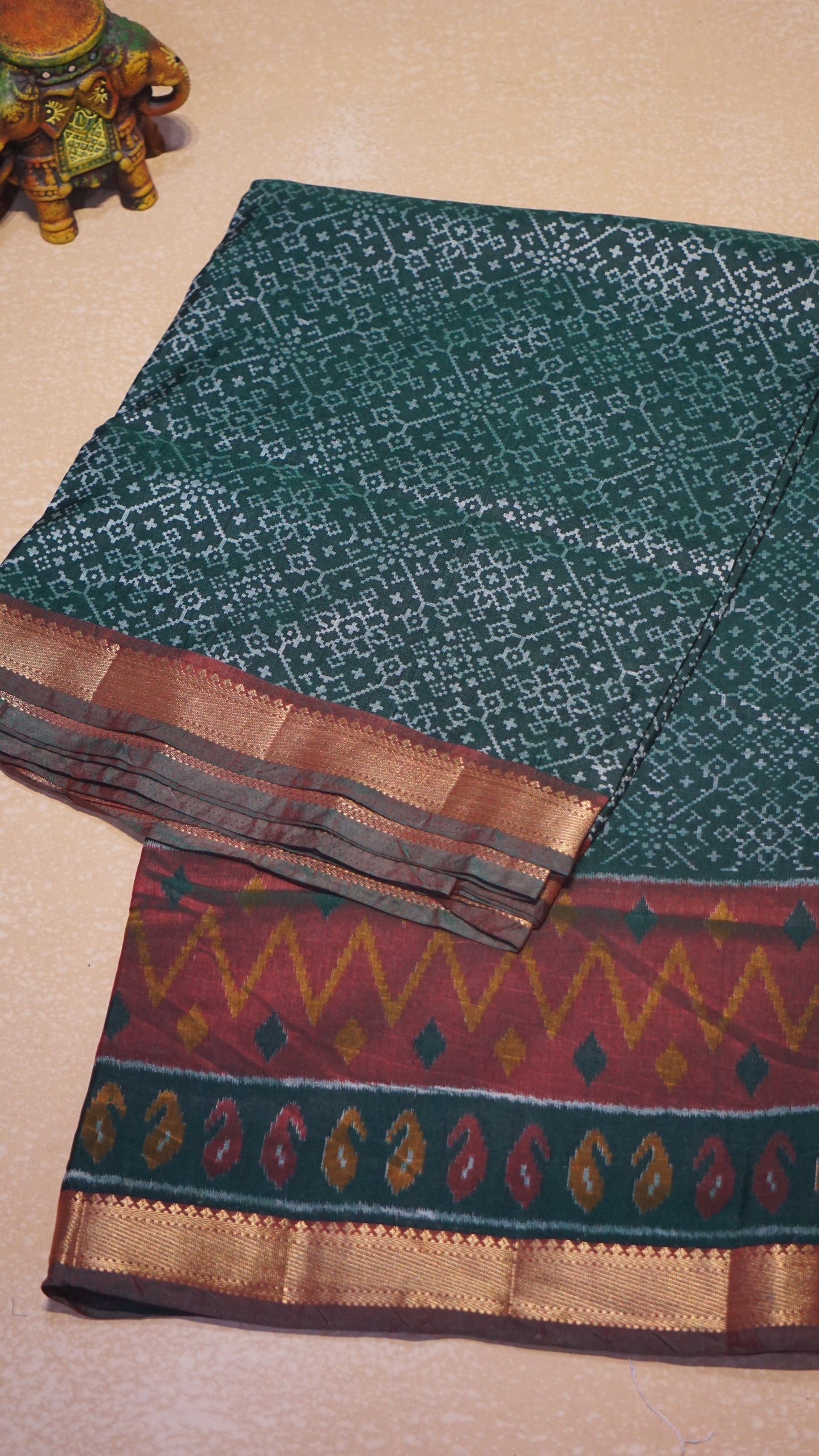 Semi Pattola Saree Pochampally Print - Bottle Green