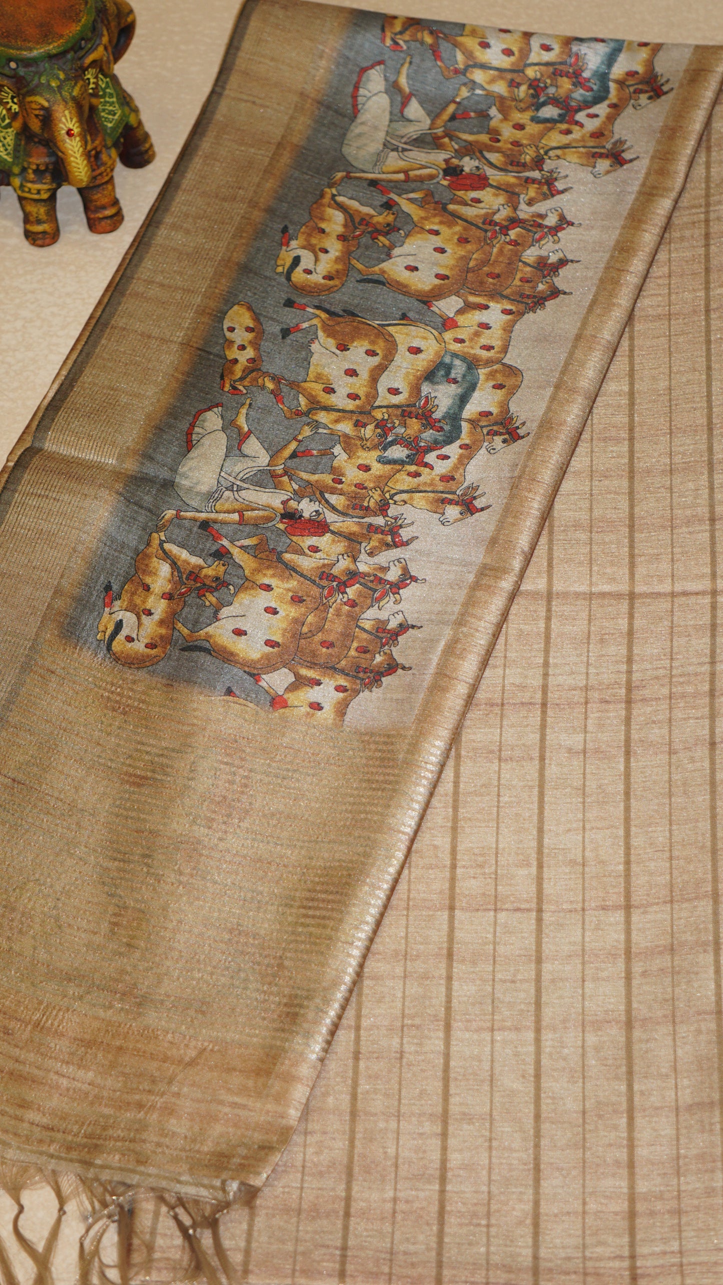 Semi Tussar Saree With Pichwai Border - Golden Shade
