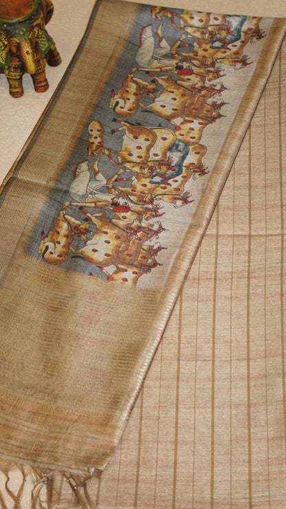 Semi Tussar Saree With Pichwai Border - Golden Shade