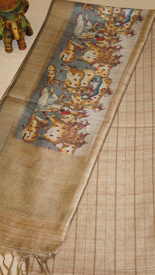 Semi Tussar Saree With Pichwai Border - Golden Shade