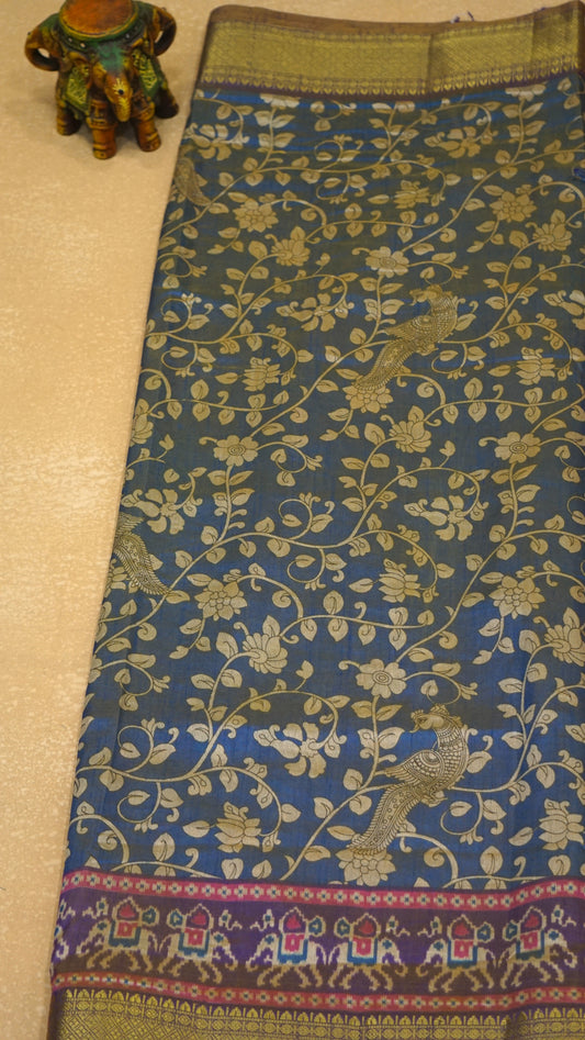 Semi Pattola Saree Kalamkari Print - Blue