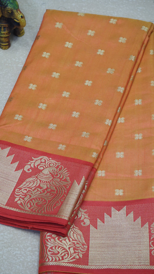 Semi Tussar Saree Temple Design - Orange with Red Border