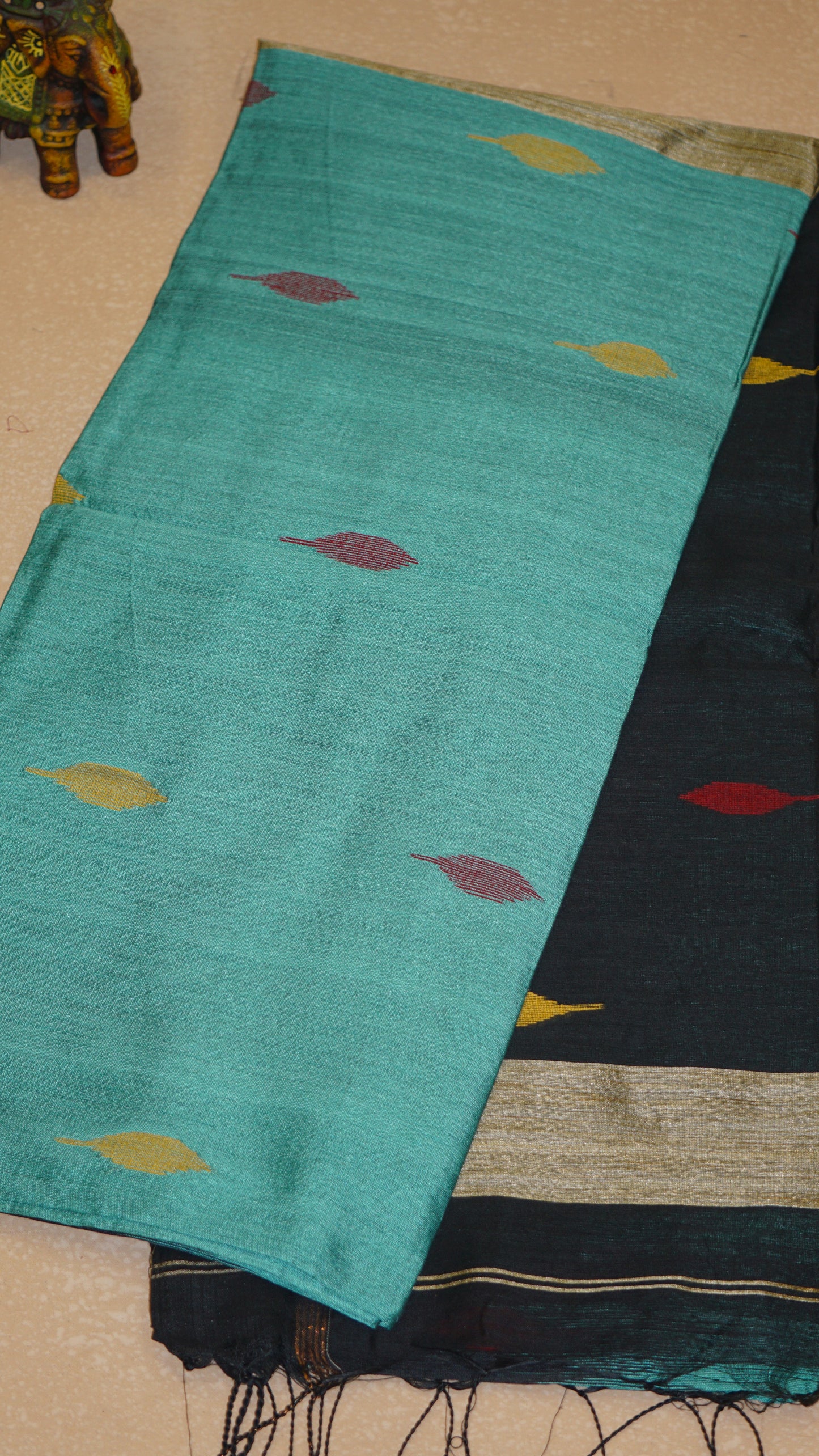 Handloom Cotton Saree - Turquoise Green & Black