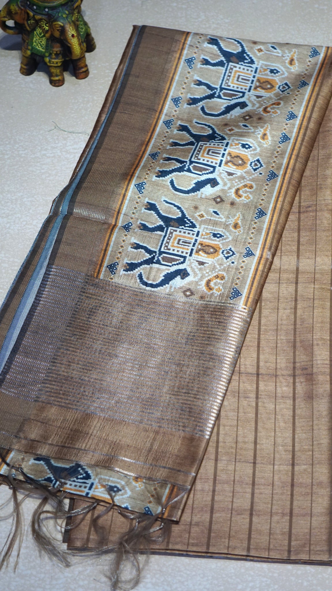 Semi Tussar Saree With Pattola Print Mustard