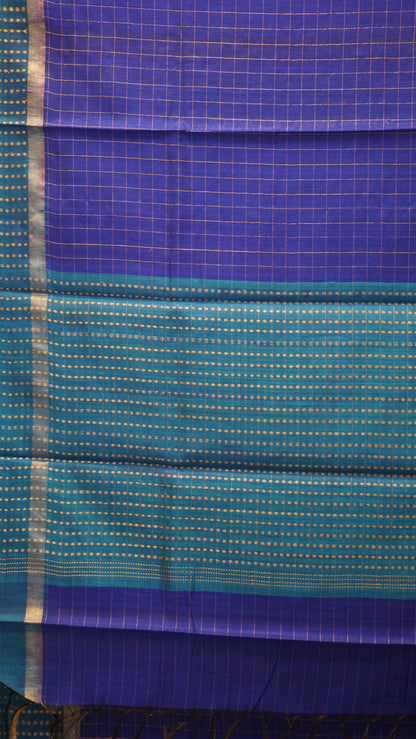 Pure Dupion Silk Saree Checks - Navy Blue with Peacock Blue Border