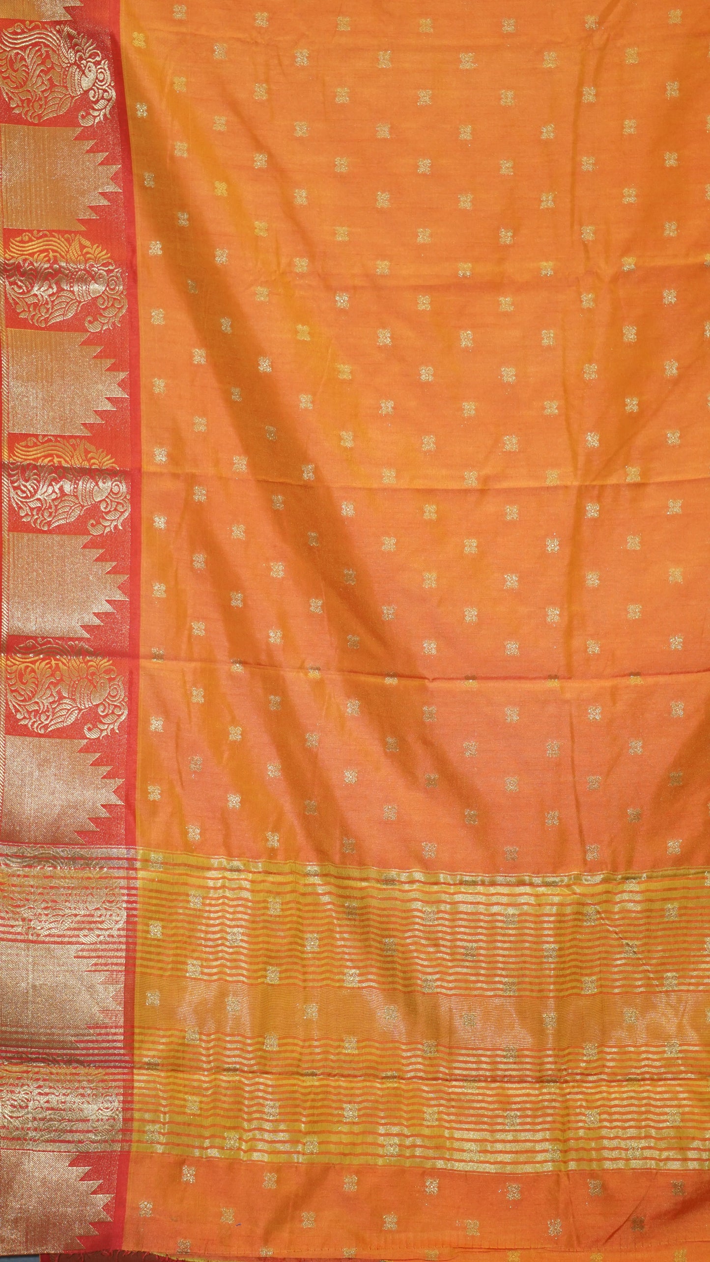 Semi Tussar Saree Temple Design - Orange with Red Border