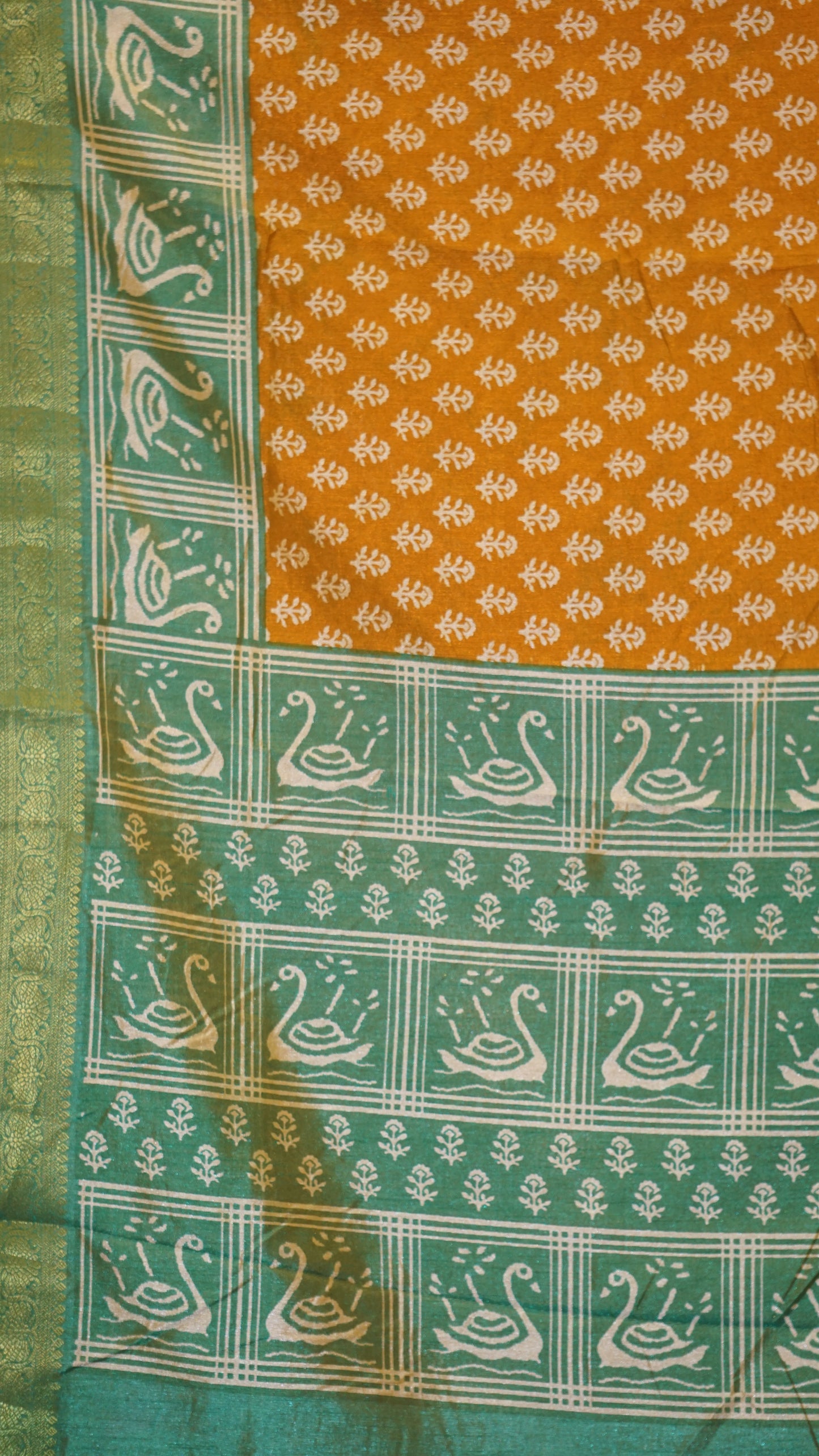 Semi Pattola With Swan Print Border - Mustard