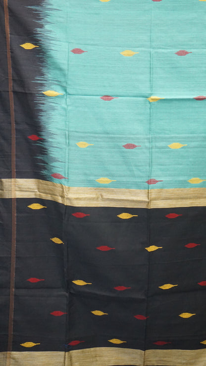 Handloom Cotton Saree - Turquoise Green & Black