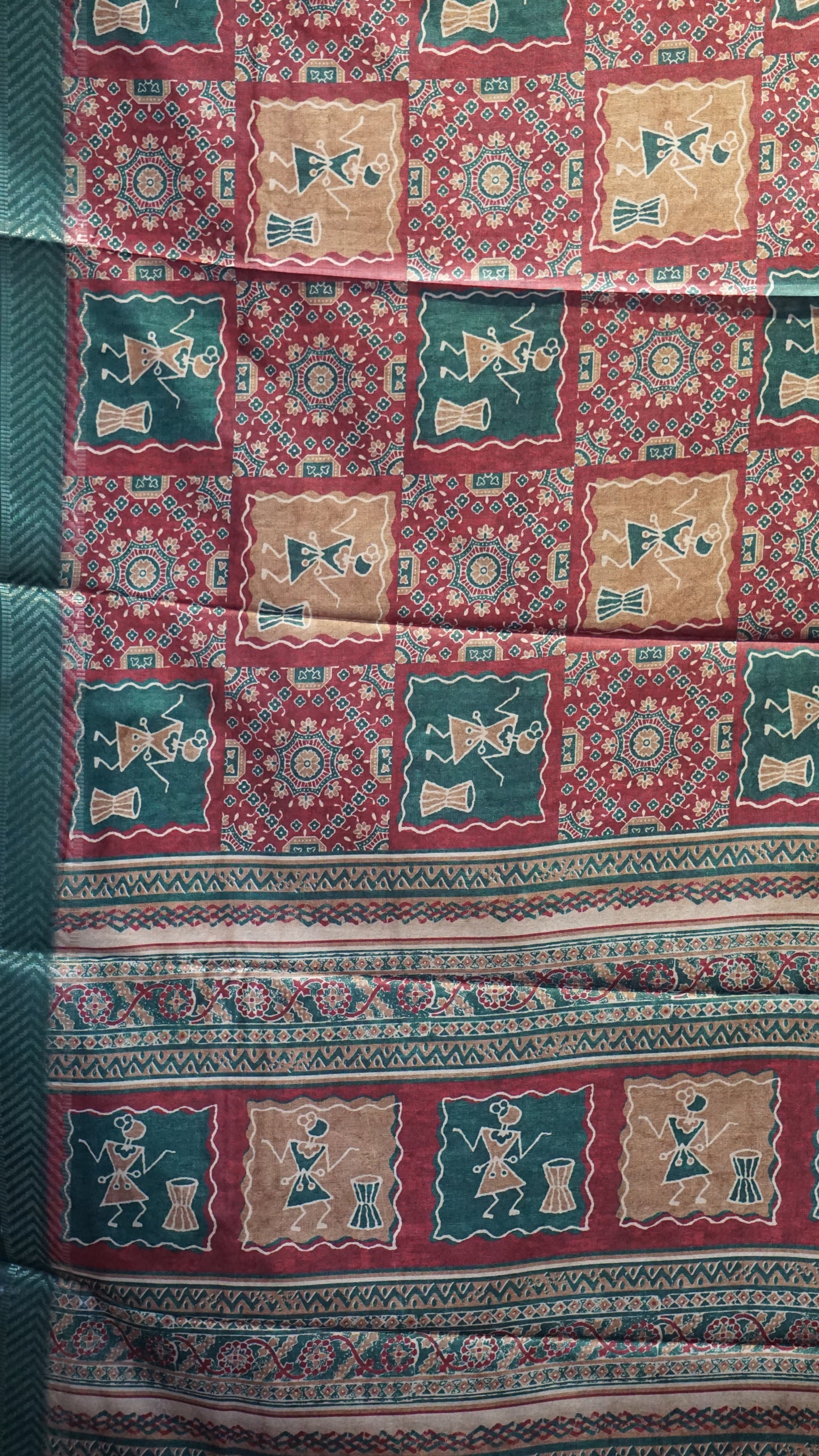 Semi Printed Silk Ajrak Print Maroon - Green