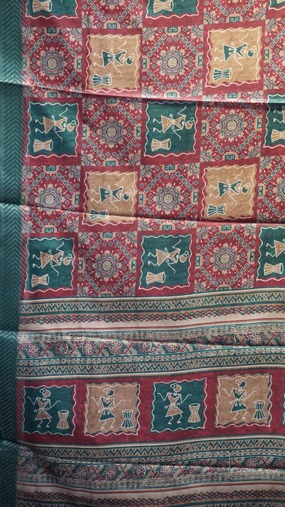 Semi Printed Silk Ajrak Print Maroon - Green