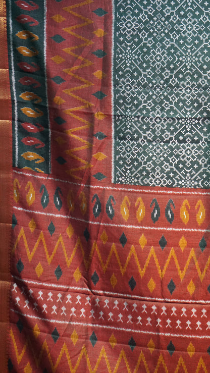 Semi Pattola Saree Pochampally Print - Bottle Green