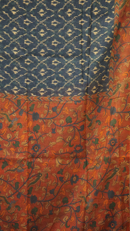Chanderi Saree Ikkatkari Print - Red & Navy Blue