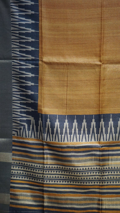 Semi Tussar Saree With Art Zari Mustard - Grey