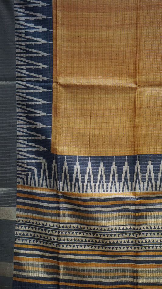 Semi Tussar Saree With Art Zari Mustard - Grey