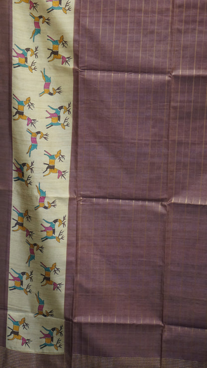 Semi Tussar Saree With Deer Border - Lavender