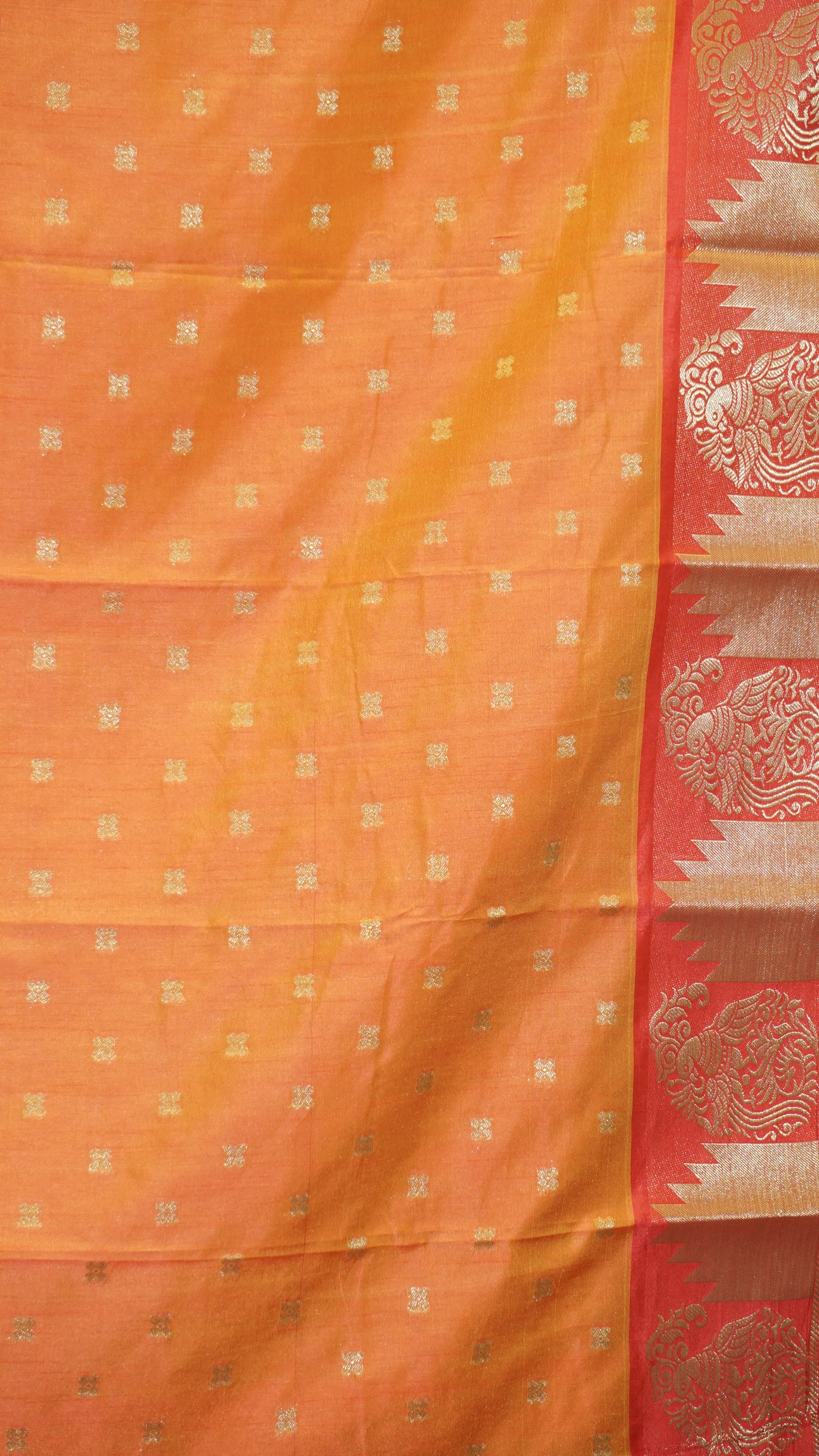 Semi Tussar Saree Temple Design - Orange with Red Border