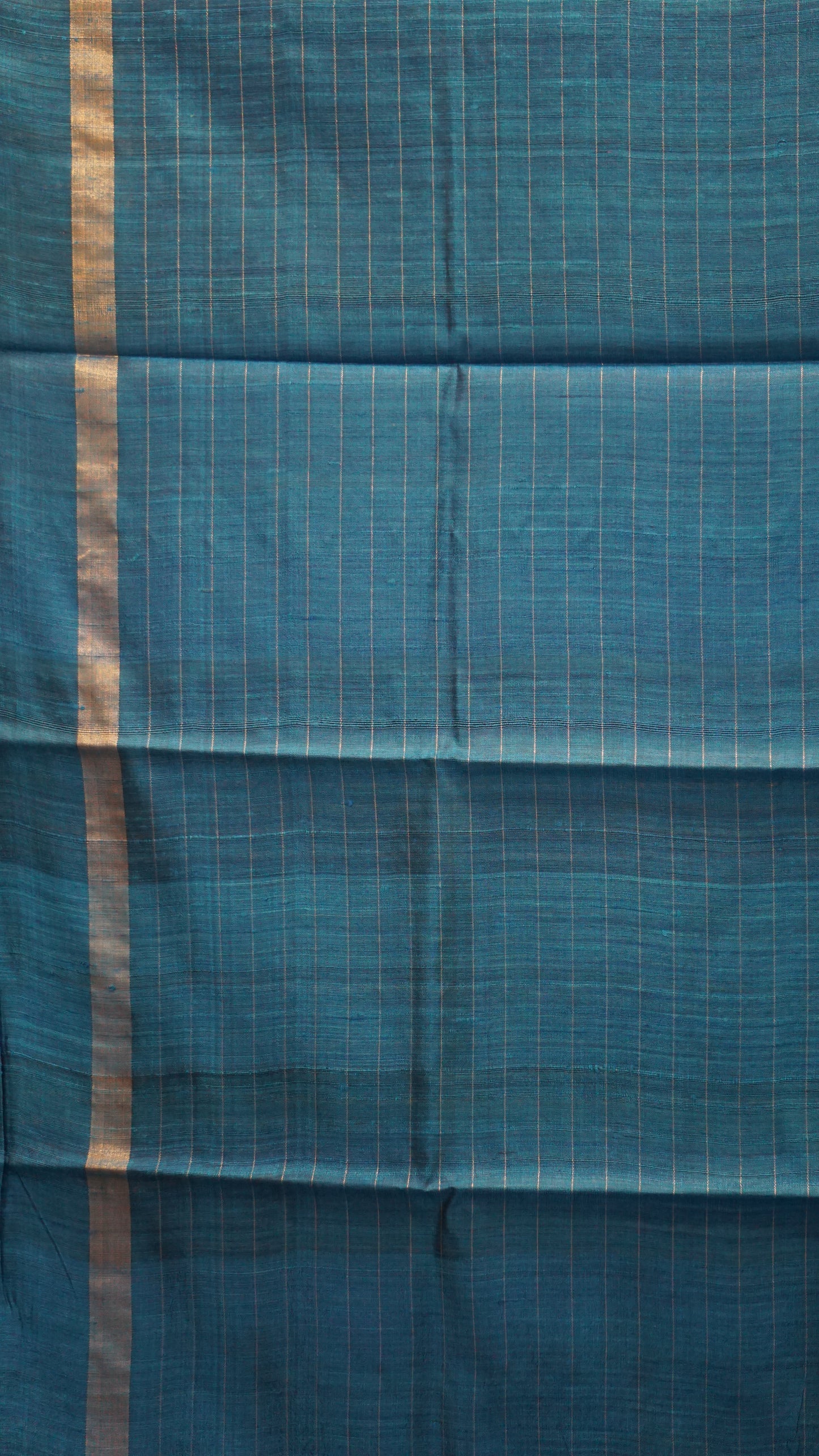 Pure Dupion Silk Saree Checks - Navy Blue with Peacock Blue Border