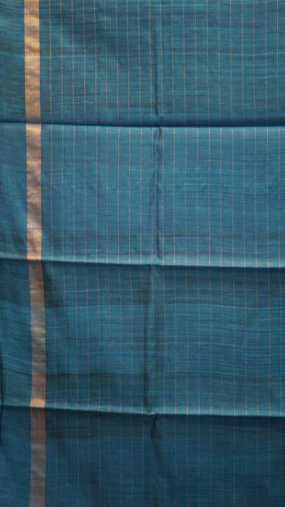 Pure Dupion Silk Saree Checks - Navy Blue with Peacock Blue Border