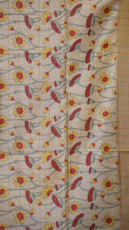 Semi Tussar Saree With Pichwai Border - Golden Shade