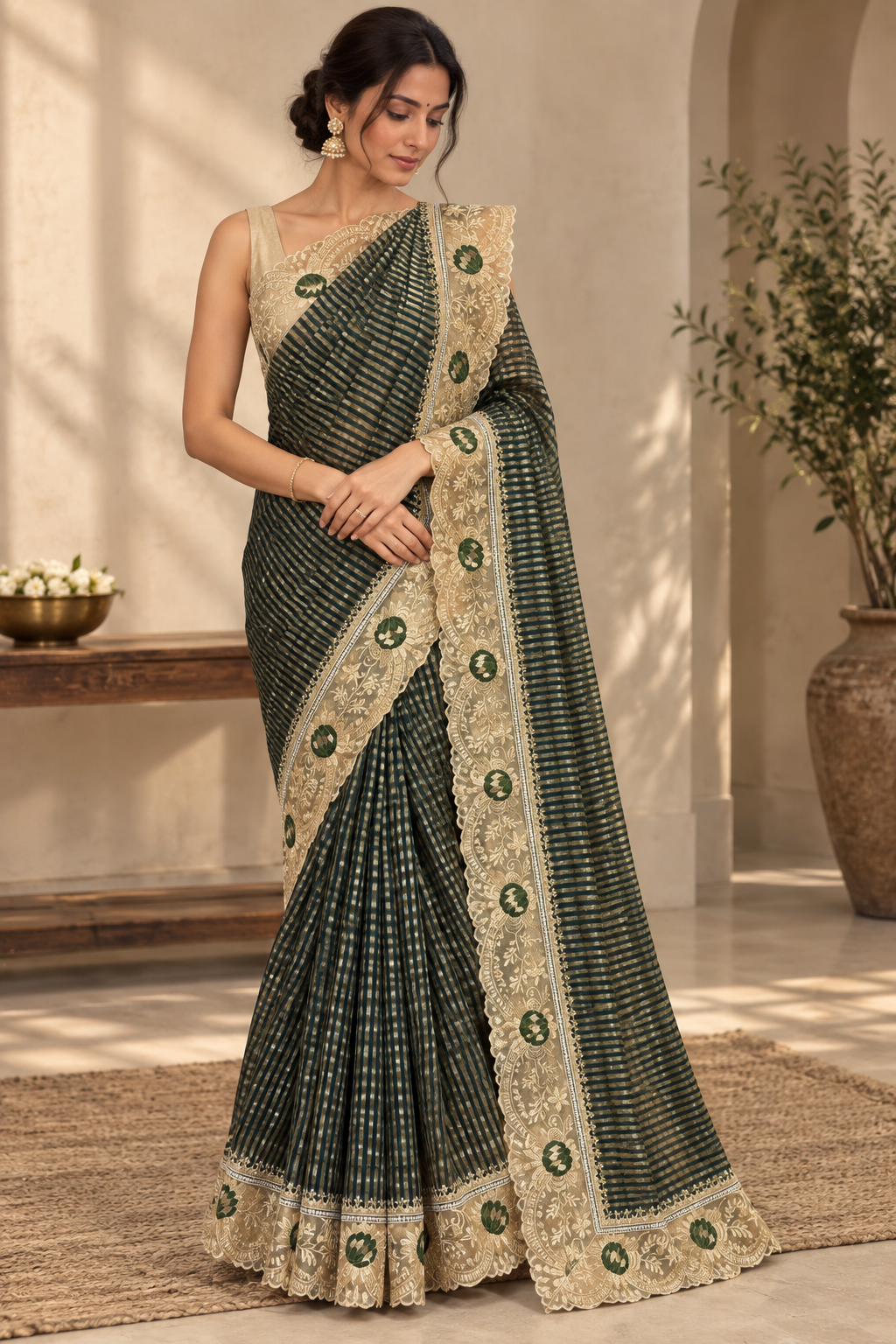 Designer Saree-Bottle Green