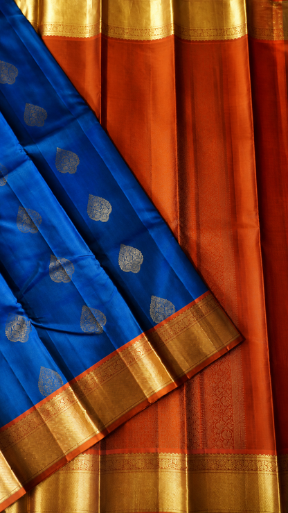 Pure Kanchipuram Silk Saree-Dark Peacock Blue with Zari Leaf Motif