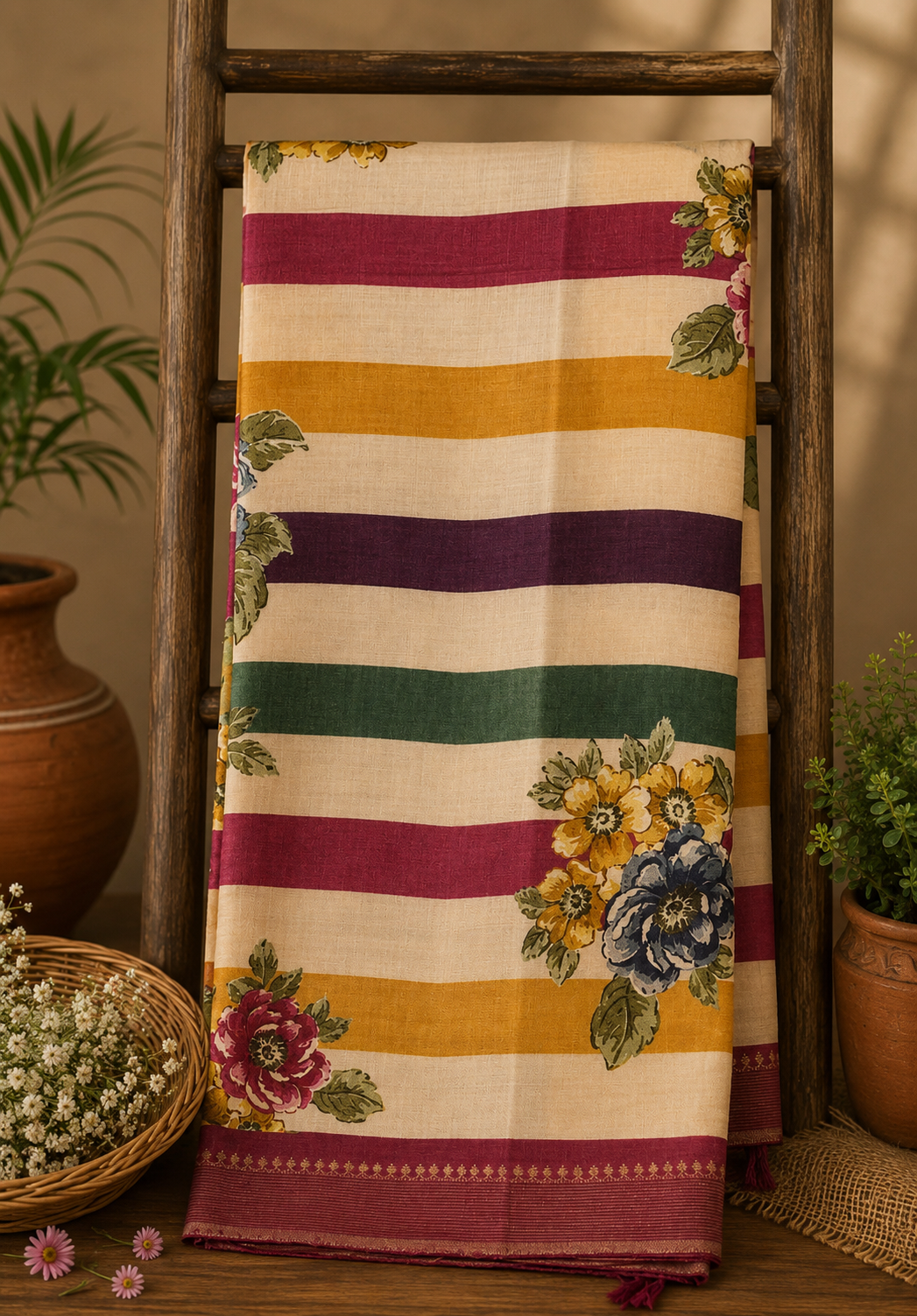 Pure Tussar Saree-Beige with Horizontal Body Lines