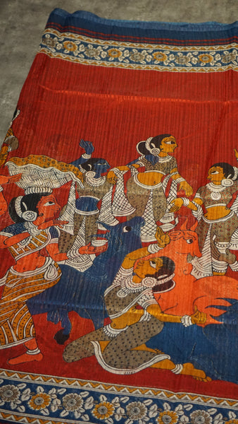Jute Cotton Saree Kalamkari Print Red
