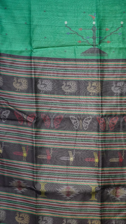 Gicha Tussar Saree Green - Wine