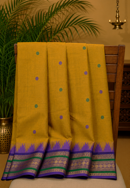 Chettinad Cotton Saree–Dark Mustard with Temple Border