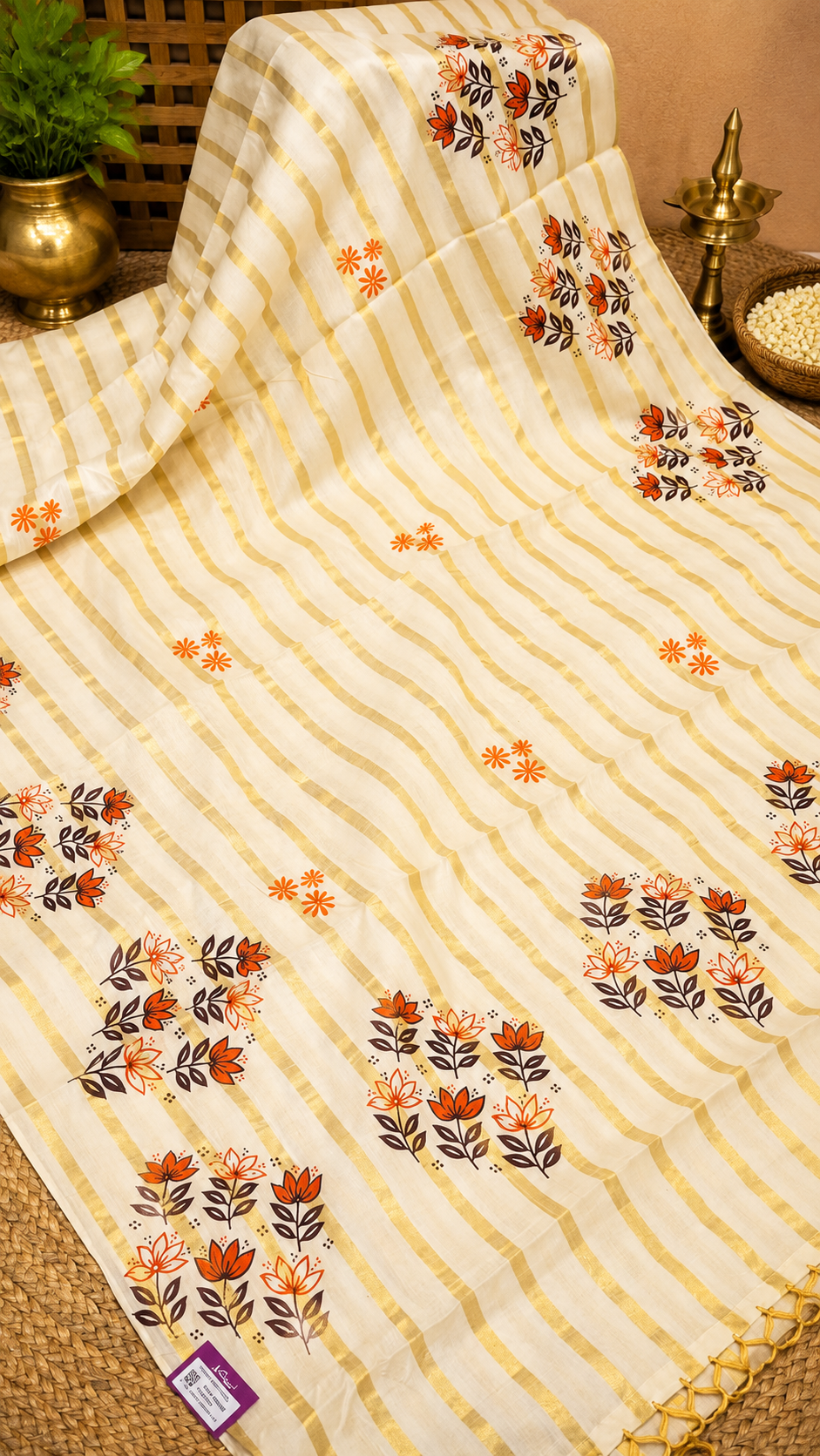 Cotton Saree – Off White with Golden Zari Stripes and Floral Print