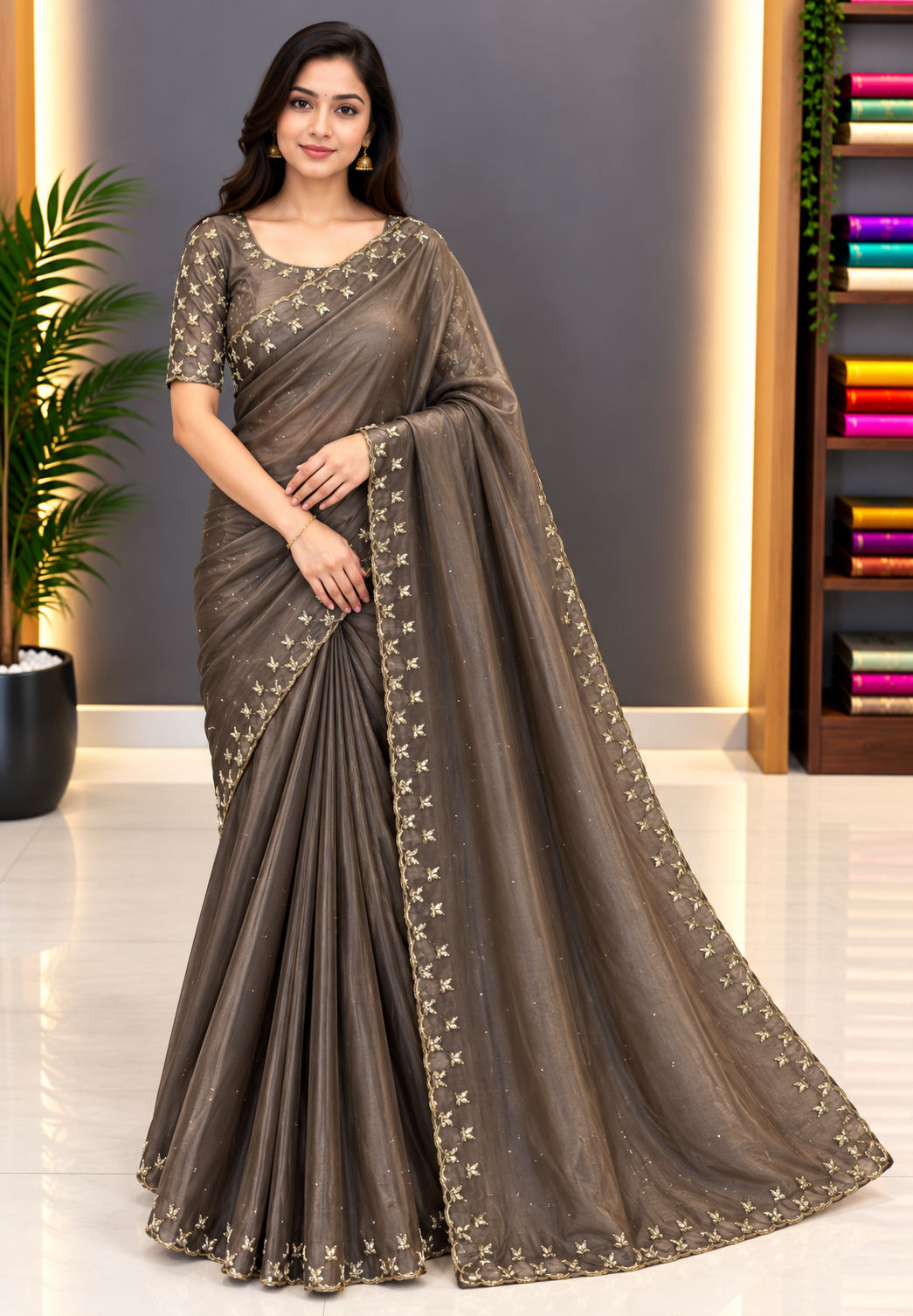 Designer Saree-Grey with Mirror Work