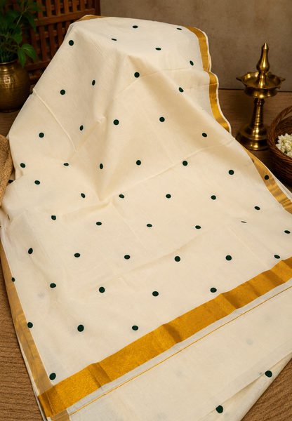 Cotton Saree-Off White with Black Dots