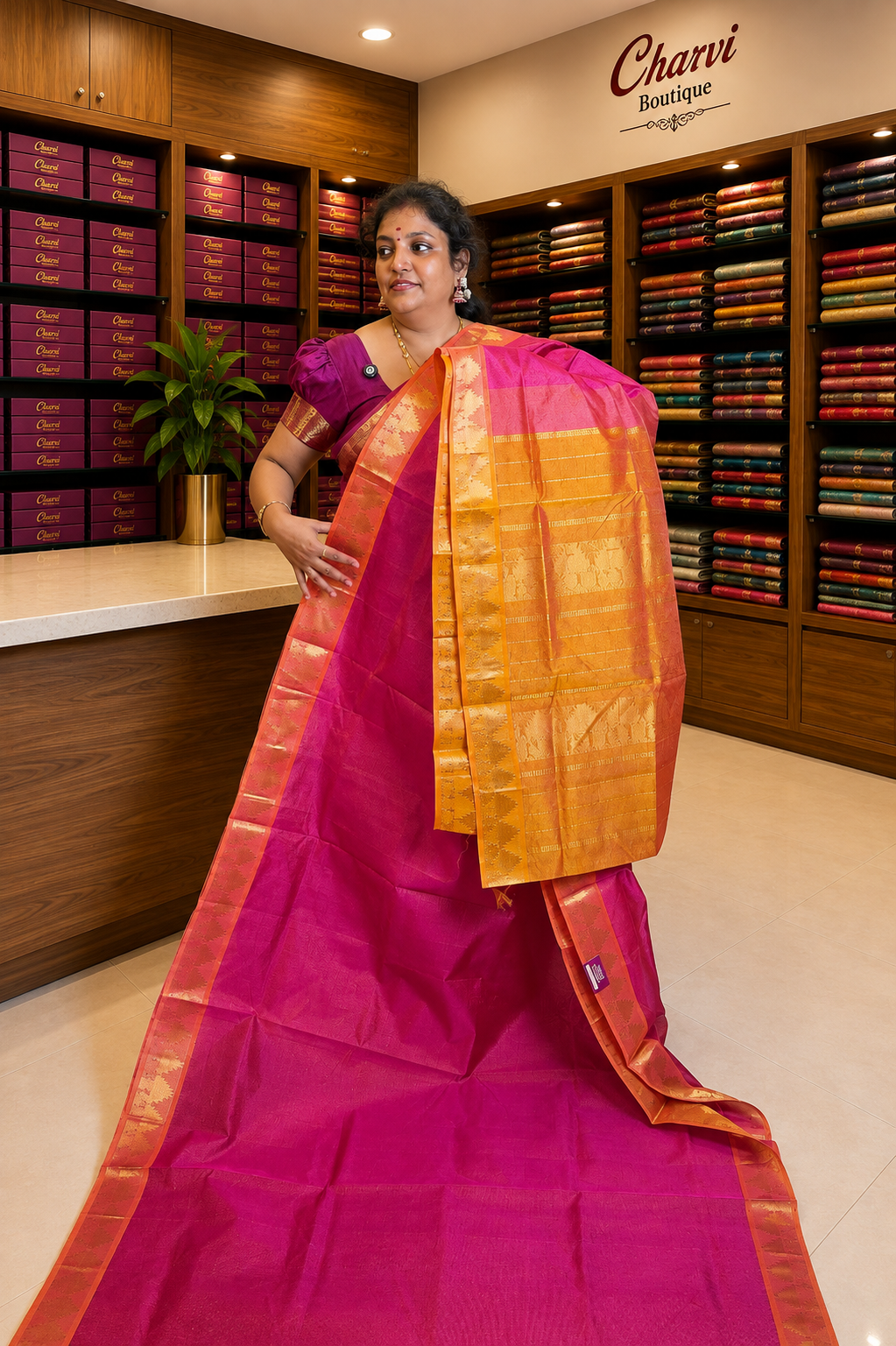 Pure Silk Cotton Saree-Rani Pink with Contrast Border in Vairaoosi Pattern