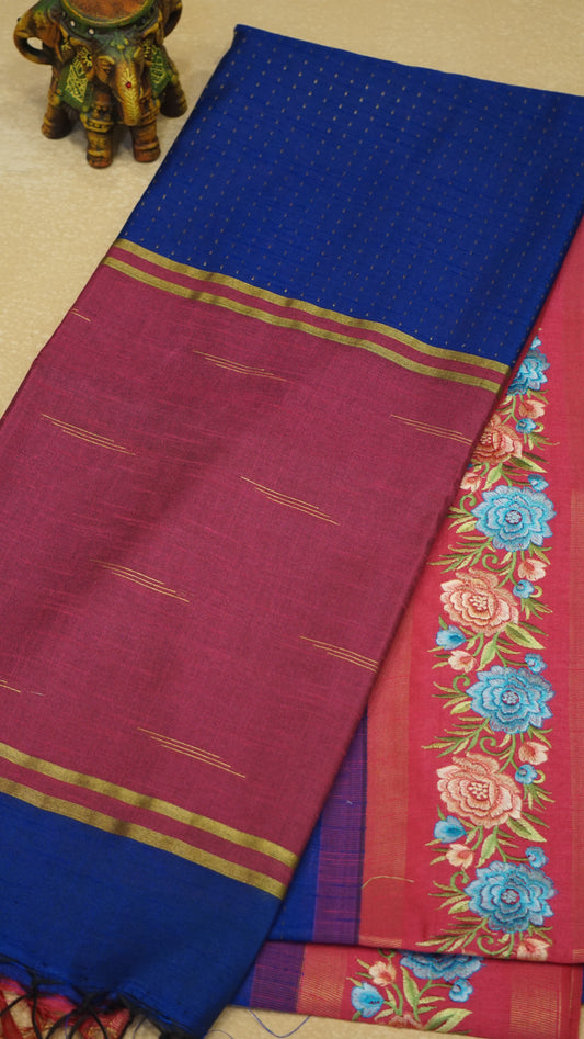 Semi Raw Silk Saree - Navy Blue With Magenta Floral Border