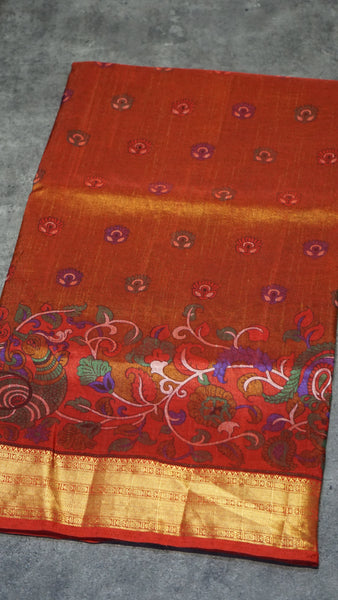Semi Pattola Saree Kalamkari Print Brick Red