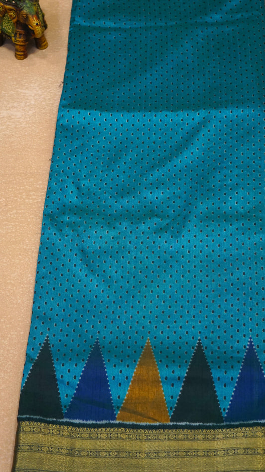 Semi Pattola With Temple Border - Teal Blue
