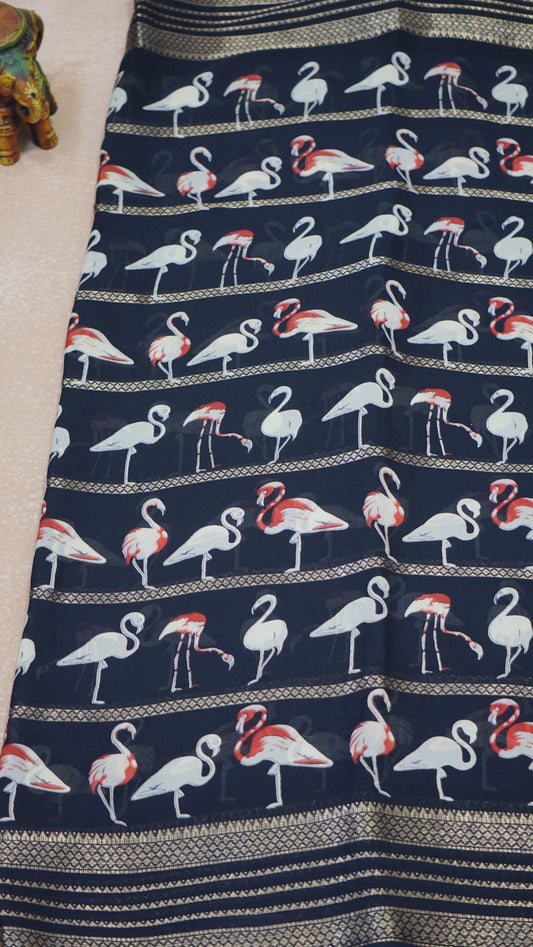 Shiffon Saree Flamingo Design - Black