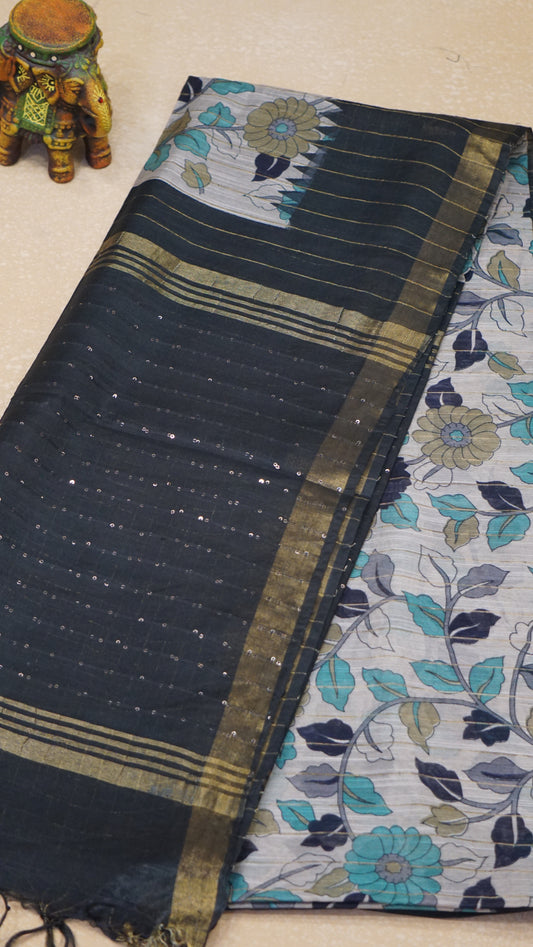 Bhagalpur Tussar Saree Kalamkari Print - Black