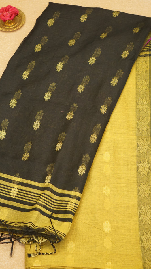 Handloom Cotton Saree Semi Maheshwari Design - Yellow With Black