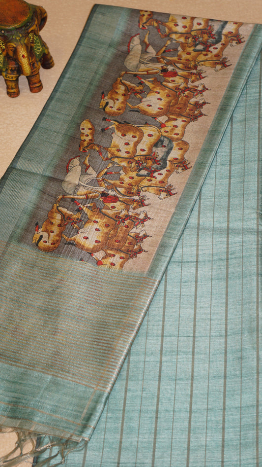 Semi Tussar Saree With Pichwai Border - Sea Green