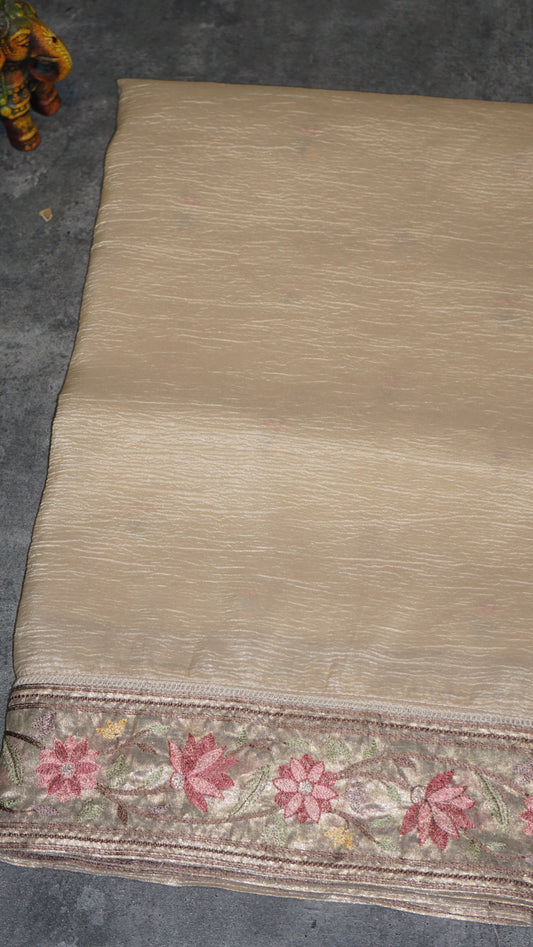 Semi Tussar Saree Crushed With Tissue Border Cream