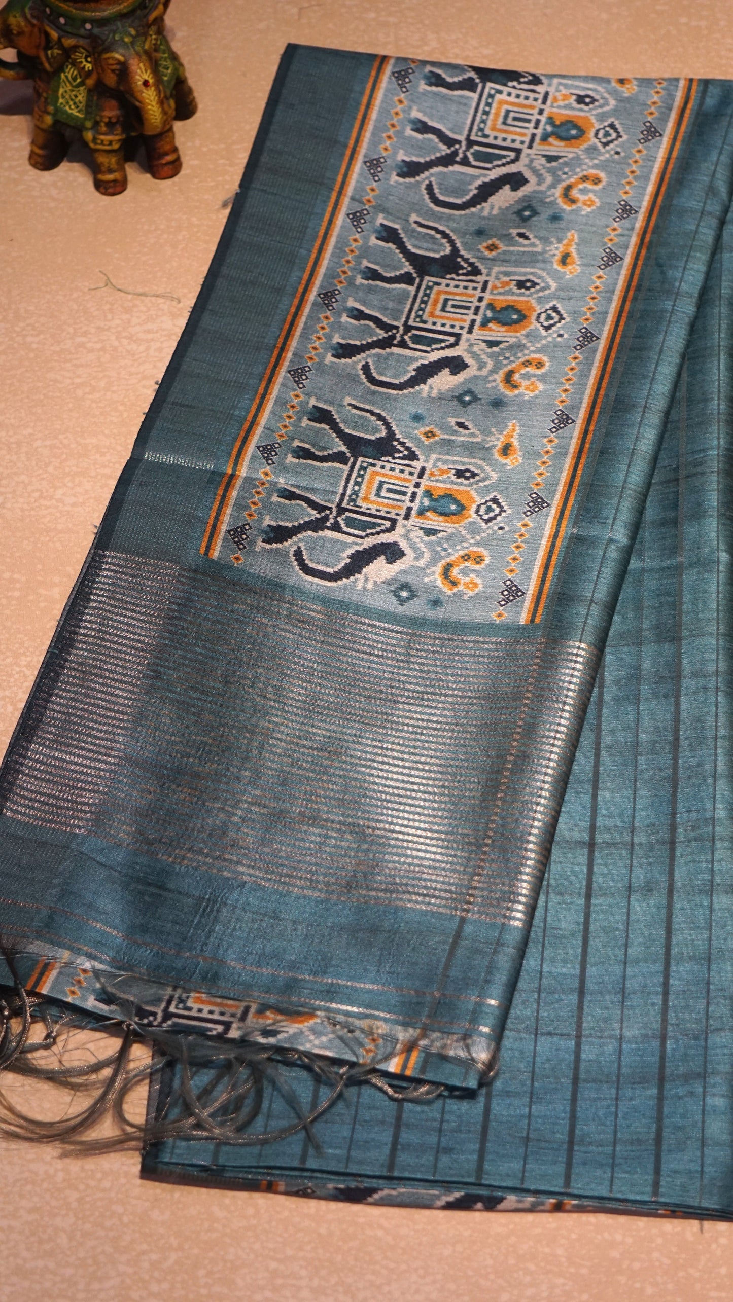 Semi Tussar Saree With Patola Print Teal Blue