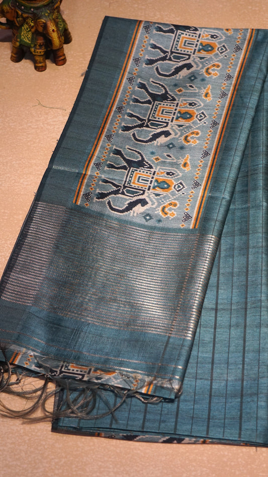 Semi Tussar Saree With Patola Print Teal Blue