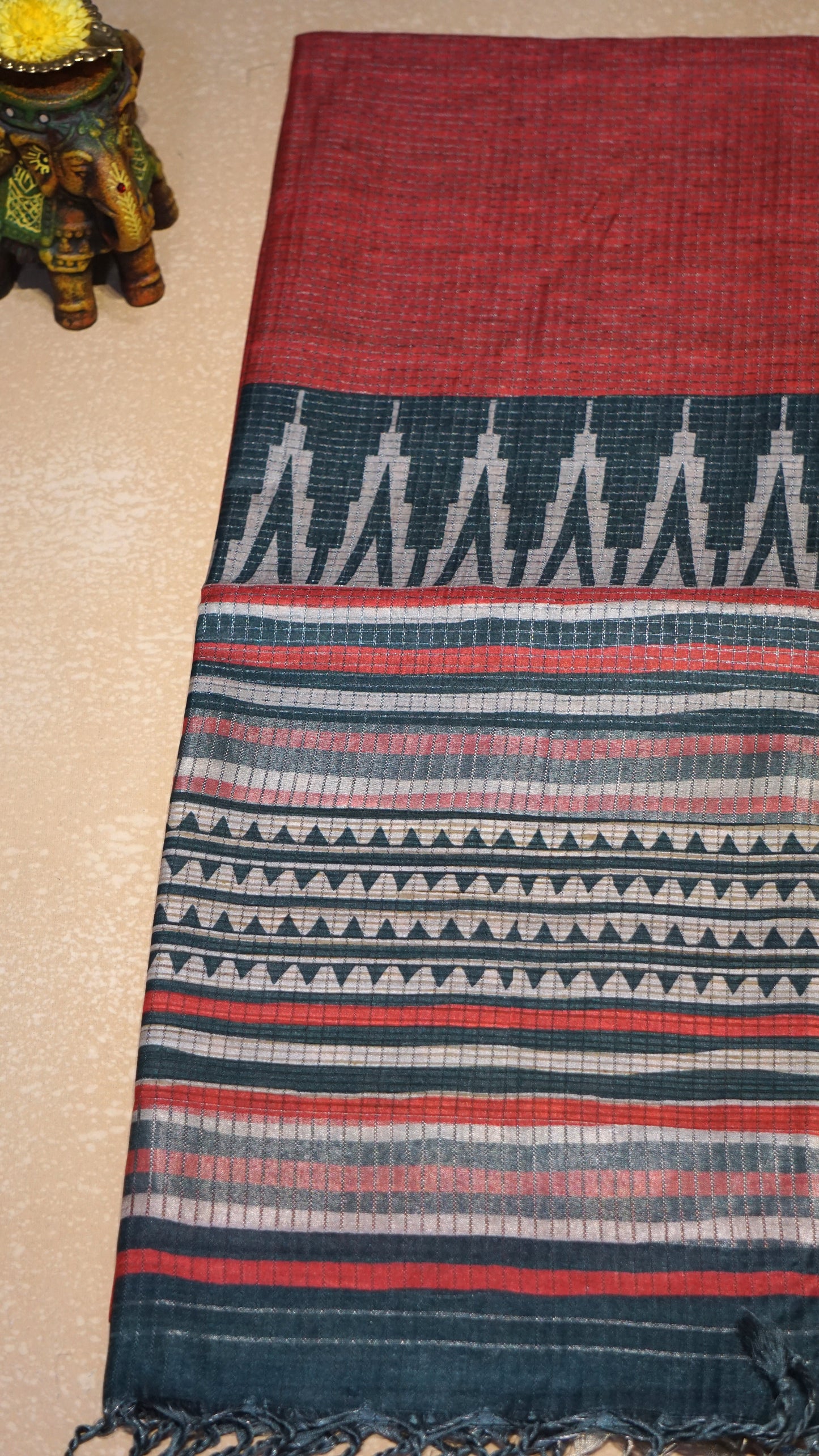 Semi Tussar Saree With Art Zari Red - Green