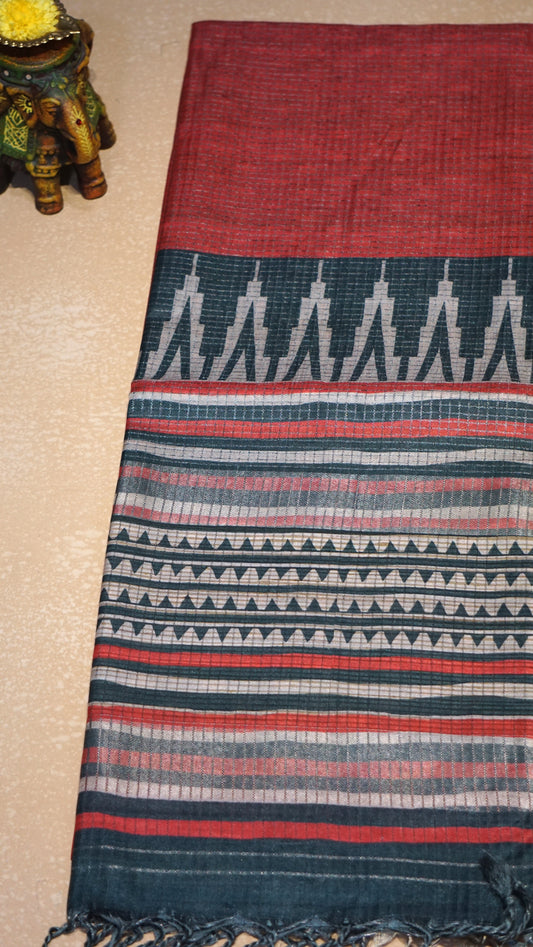 Semi Tussar Saree With Art Zari Red - Green