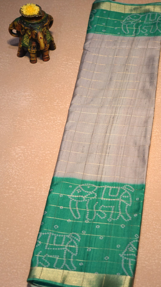 Korean Tussar Saree Mohini Print Teal Green
