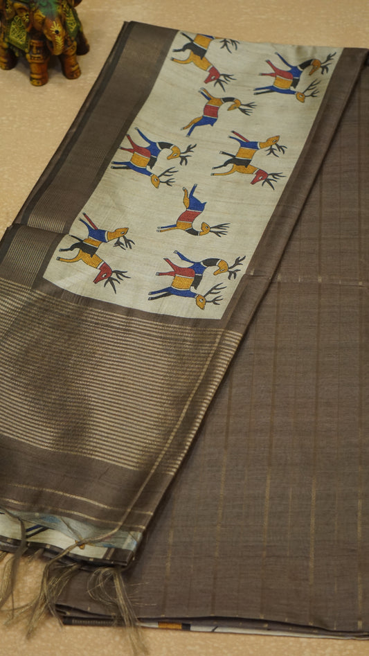 Semi Tussar Saree With Deer Border - Metallic Grey