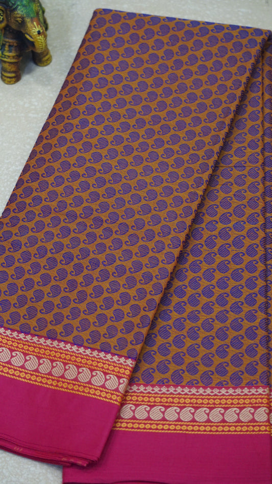 Kanchi Cotton Saree - Peach and Orange blend With Pink Border